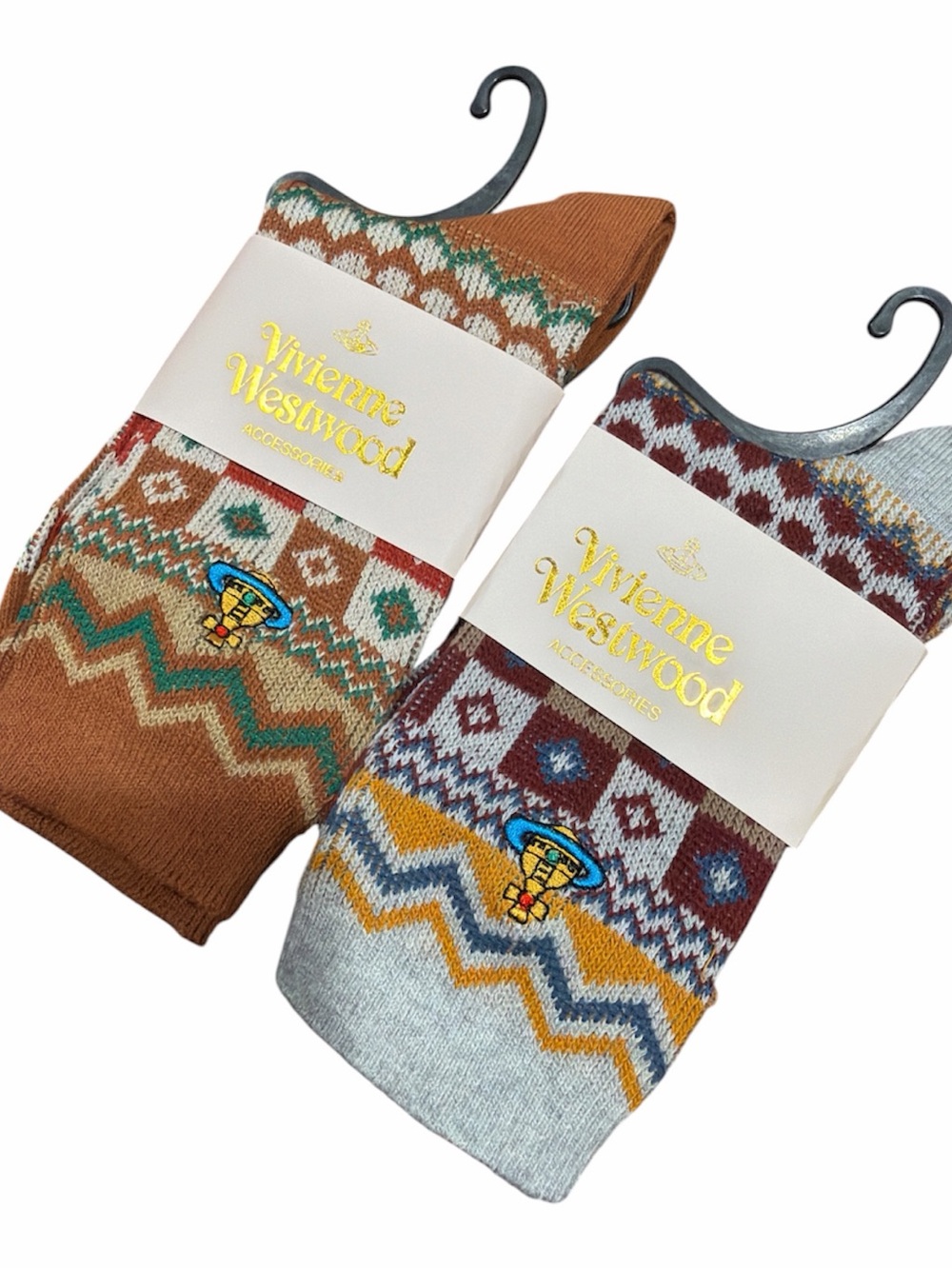 Vivienne Westwood Two-Pack Geometric Crew Socks in Brown & Light Gray